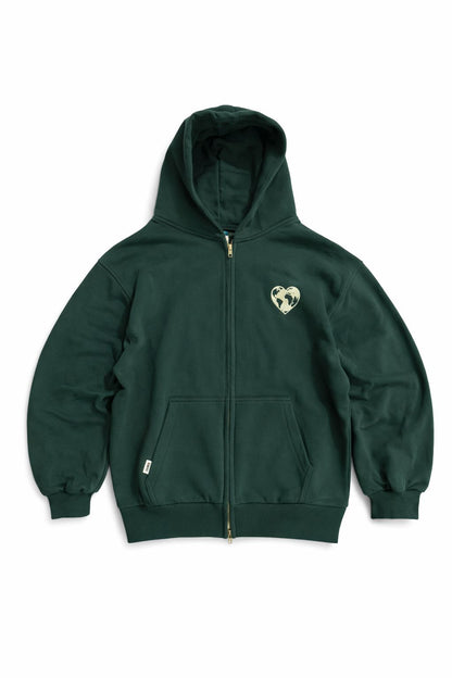 Haki Yeşil Heavyweight Oversize Boxy Fit Zip Up Hoodie – Embroidered Heart