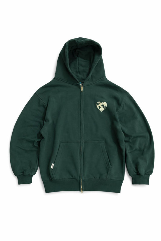Haki Yeşil Heavyweight Oversize Boxy Fit Zip Up Hoodie – Embroidered Heart